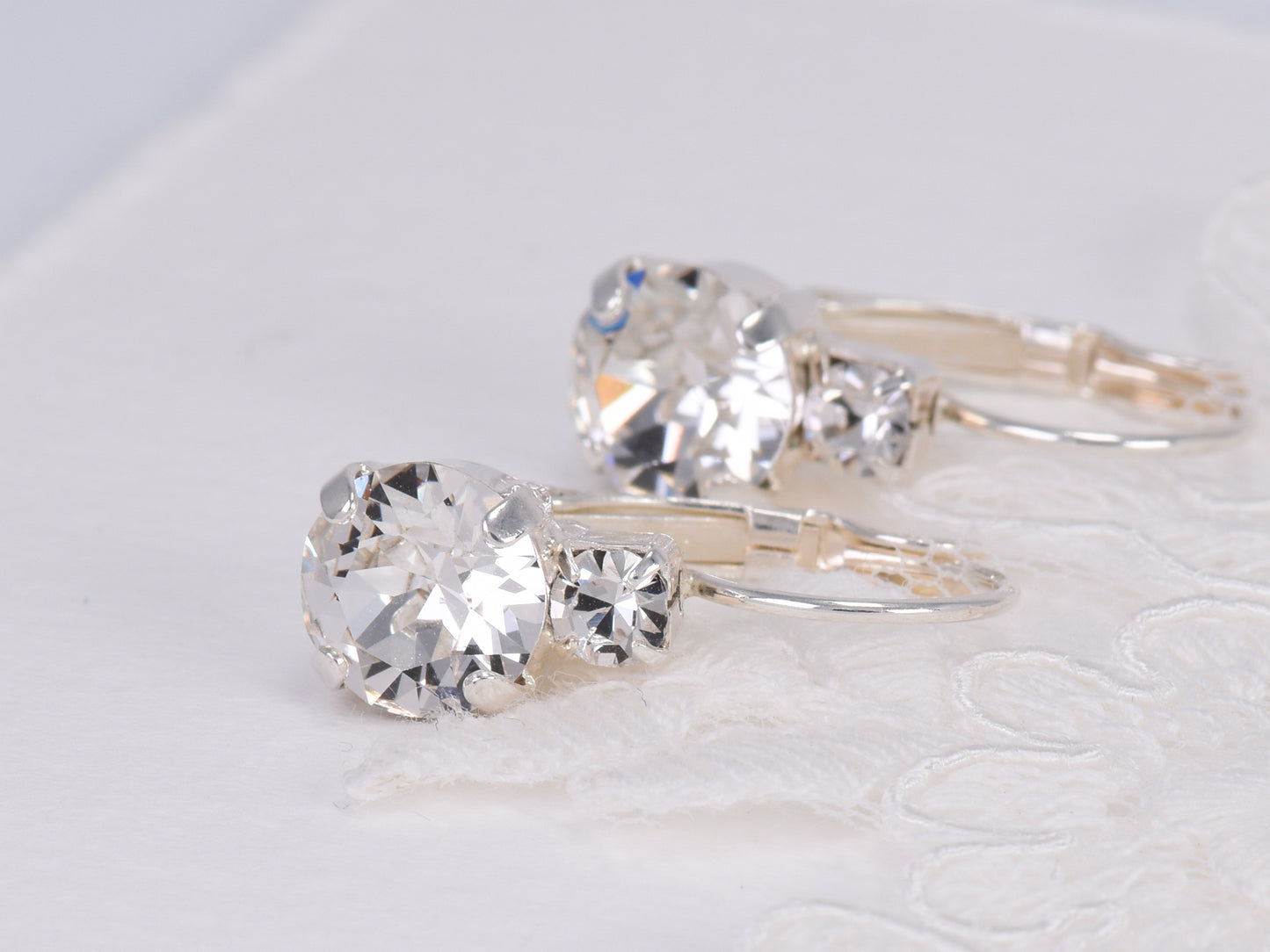 Anne - A sparkling crystal leverback silver earring in a very wearable size.